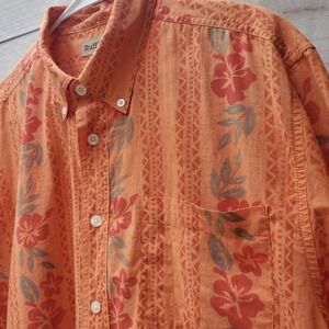 RuffHewn Mens Orange Tropical Hibiscus Floral Tribal Print Button Down Shirt L